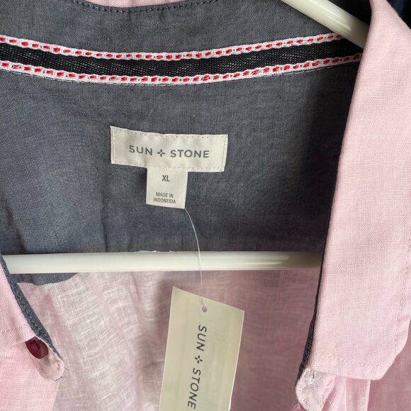 Sun + Stone Mens Milo Ombre Linen Blend Short Sleeve Button Down Shirt Pink XL - Picture 2 of 5